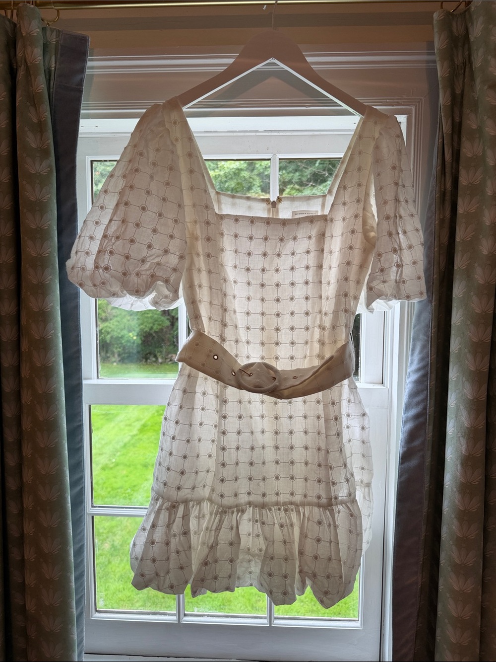 Square-Neck Eyelet Mini Dress with Puff Sleeves in Cream